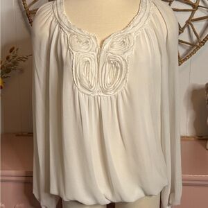 Women’s MediumSophie Max Cream Blouse with Embellished Neckline and Long Sleeves
